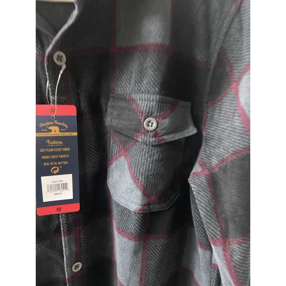 NWT Freedom Foundry Fleece Schacket Men Medium Gray Red Plaid Cabincore - Picture 6 of 9